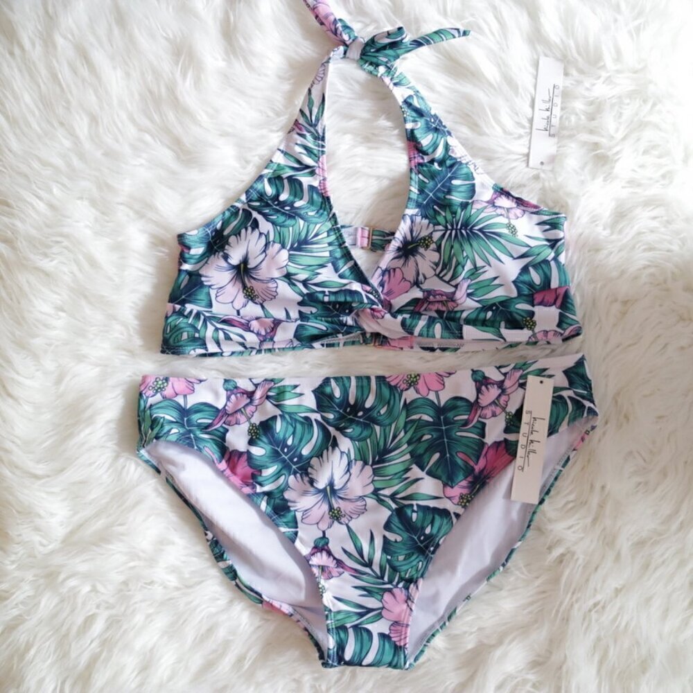 NWT Nicole Miller Bikini Set Size Medium White Green Tropical Print Bathing Suit
